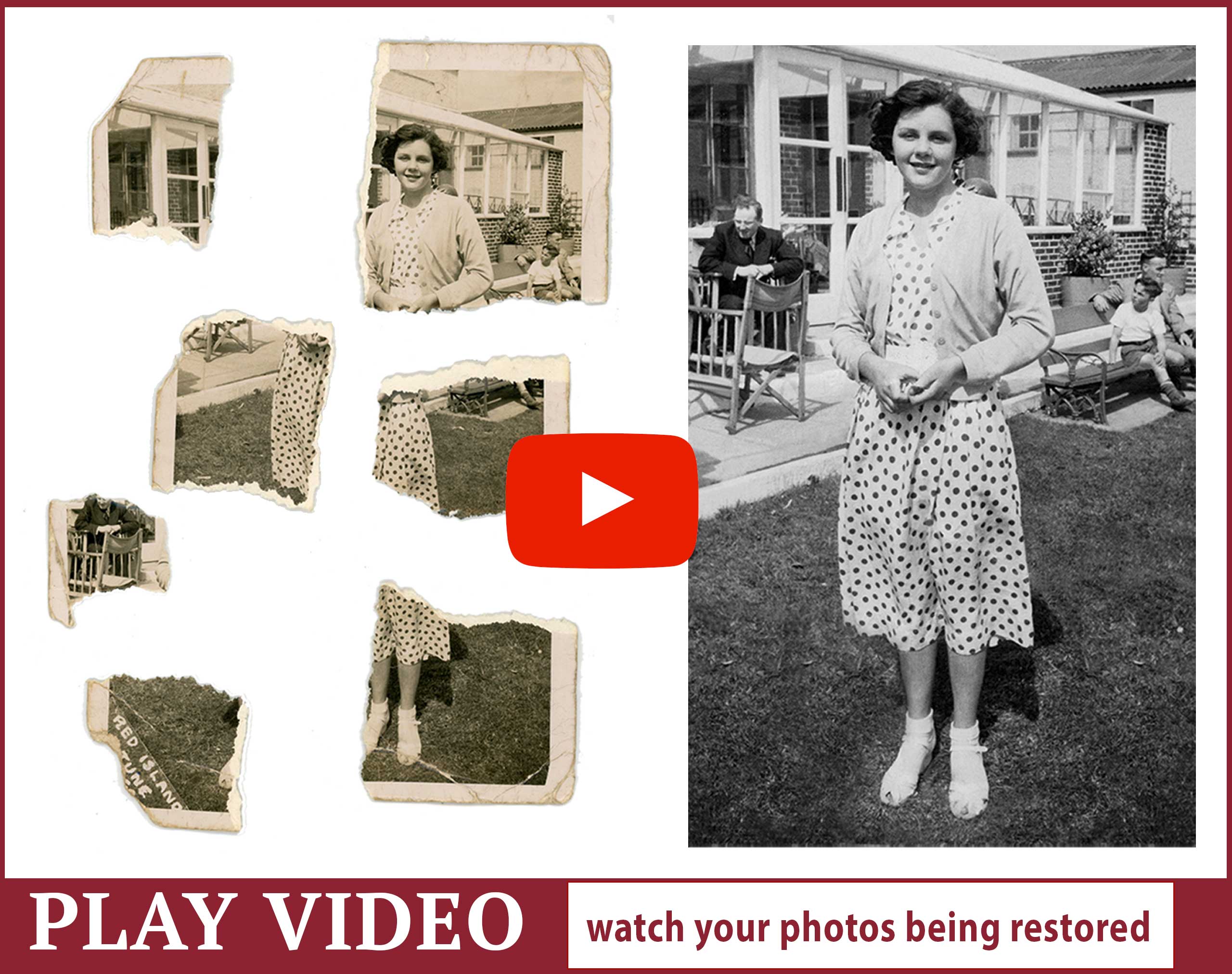 Watch our 30 second video clip to see how we rebuild and restore your torn and ripped photographs - no matter how many pieces they're in!
